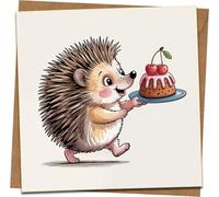 Cute Hedgehog with Cake Birthday Card, Square Greeting Card 145mm x 145mm, Animal Illustration, Fun for Kids and Adults, Includes Kraft Envelope
