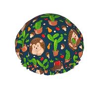 Cute Hedgehogs Cactus Blue Pattern Shower Cap & Bath Cap For Women,Reversible Oversized Waterproof Shower Caps Large Designed For All Hair Lengths,Elastic Reusable Bathing Hair Cap