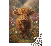 Cute Highland Calf Jigsaw Puzzles. 38x26cm/1000pcs Wildflower Field Whimsical Challenge Toy for Educational Games Gifts
