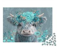 Cute Highland Calf with Teal And Blue Flowers Jigsaw Puzzles Challenge Toy Educational Games Home Decoration for Adults& Teenager Age 14 Years Up 1000pcs (75x50cm)