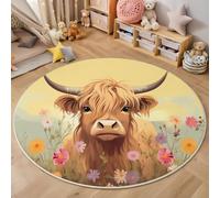 Cute Highland Cattle Round Rug 200 Cm Indoor Circle Soft Rug Washable Rural Animal Prints Print Non Slip Carpet For Bedroom Entryway Living Room Dining Room Office Decor Pale Yellow