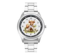 Cute Highland Cow and Lamb Personalized Quartz Watch Stainless Steel Wrist Watches with Arabic Numerals for Men Women