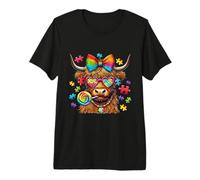 Cute Highland Cow Autism Awareness Puzzle Coquette Bow Premium T-Shirt