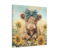 Cute Highland Cow Baby Canvas Wall Art Rustic Farmhouse Sunflower Wall Decor Picture Baby Cow Poster Print for Bedroom Bathroom Home Decoration 16x16inch(40x40cm)