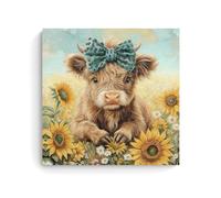 Cute Highland Cow Baby Canvas Wall Art Rustic Farmhouse Sunflower Wall Decor Picture Baby Cow Poster Print for Bedroom Bathroom Home Decoration 28x28inch(70x70cm)