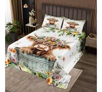 Cute Highland Cow Bedspread,Colorful Daisy Green Leaves Bedding Set for Kids Teens Adults,Watercolor Plants Funny Animal Rustic Style Coverlet Set with 2 Pillowcases,King Size 3 Pcs