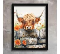 CUTE HIGHLAND COW BEHIND WALL HOME DECOR PICTURE WALL ARTWORK ANIMAL COW PRINT A3 Poster on Canvas - Wall Art Home Decor Movie Poster Canvas Film Cinema Retro Vintage Cult Classic Nostargic Saga Mode