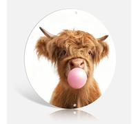 Cute Highland Cow Blowing Bubble Round Metal Tin Sign 8x8 Inch Wall Hanging Plaques Poster Art for Bedroom Living Room Bathroom Man Cave Decor