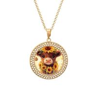 Cute Highland Cow Butterfly Shiny Diamond Necklace for Women Personalized Round Pendant Chain Jewel Gift