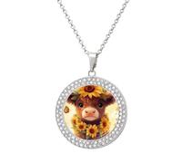 Cute Highland Cow Butterfly Shiny Diamond Necklace for Women Personalized Round Pendant Chain Jewel Gift