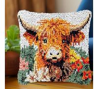 Cute Highland Cow Cattle Latch Hook Kits Pillow Printed Canvas Handmade Cushion Latch and Hook Crochet Yarn Embroidery Kit DIY Pillowcase Christmas Decoration 43x43cm(3)