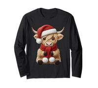 Cute Highland Cow Christmas Crochet Yarn Santa Hat Farm Long Sleeve T-Shirt