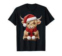 Cute Highland Cow Christmas Crochet Yarn Santa Hat Farm T-Shirt