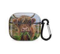 Cute Highland Cow Eating Wildlife Bluetooth Headset Cover Hard Shell Earbuds Case Protective Cover Compatible with Airpods 3