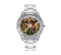 Cute Highland Cow Eating Wildlife Watches for Men Business Dress Watch Analog Quartz Wristwatch Stainless Steel Band