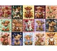 Cute Highland Cow Flower Puzzles for Adults 1000 Pieces Funny Animal Sunflower Plant Art Jigsaw Puzzle Colorful Wildflower Garden Aesthetic Cozy Floral Collage Puzzles as Family Game