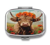 Cute Highland Cow Funny Square Pill Organizer Travel Pharmacy Box Portable Medicine Case with 2 Compartments