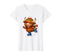 Cute Highland Cow Ice Skating Value Graphic T-Shirt, Women, White, S