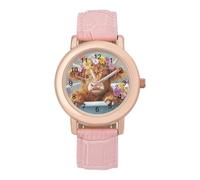 Cute Highland Cow in Bath Women's Leather Watch Easy Reader Minimalist Wristwatch Pink Rose Gold Strap Watches