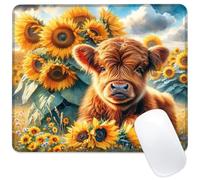 Cute Highland Cow in Sunflowers Field Mouse Pad Square Mouse Mat Non-Slip Rubber Base Mousepad with Stitched Edge, Portable MousePads for Desk Computers Laptop Office 9.4"x7.9"
