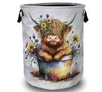 Cute Highland Cow Laundry Basket Foldable With Handles Funny Tote Bag Oxford Cloth Laundry Hamper Clothes Storage Bucket Toy Organizer 18.9" x 16.5" For Bathroom/Laundry/Bedroom