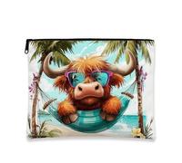 Cute Highland Cow Makeup Bag, Tropical Beach Bull Design for Women, Portable Canvas Cosmetic Pouch, Summer Travel Toiletry Organizer, Gift for Festivals, Orange, 7x9 Inch, Cow