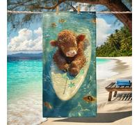 Cute Highland Cow Microfiber Beach Towel Turquoise Watercolor Style Quick Dry Absorbent Sand Free Lightweight Beach Blanket, Vacation Swimming Pool Outdoor Essentials 62x31 Inch