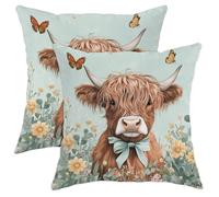 Cute Highland Cow Pillow Covers Set of 2, Pastel Blue Floral Animal Throw Pillows, Spring Farmhouse Decorative Cushion Covers for Home Sofa Bed Couch 16x16 Inch
