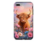 Cute Highland Cow Pink Blue Wildflower Butterfly Moon Case for iPhone 7 Plus/8 Plus