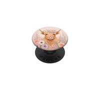 Cute Highland Cow Pink Rose Floral Crown Watercolor Boho PopSockets Adhesive PopGrip