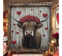 Cute Highland Cow Shower Curtain, Rustic Brown Cow with Red Roses and Hearts for Bathroom Decor, Spring Love Modern Farmhouse Waterproof Fabric Shower Curtain Set with Hooks 62x72 Inch
