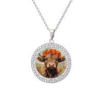 Cute Highland Cow Stylish Circle Necklace Pendant Multicolored Diamond Necklaces Jewelry Gift for Women