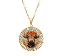 Cute Highland Cow Stylish Circle Necklace Pendant Multicolored Diamond Necklaces Jewelry Gift for Women