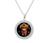 Cute Highland Cow Sunflower Shiny Diamond Necklace for Women Personalized Round Pendant Chain Jewel Gift
