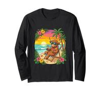 Cute Highland Cow Tropical Beach Sunset Vacation Fun Long Sleeve T-Shirt