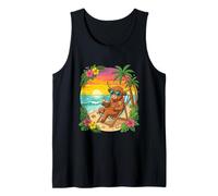 Cute Highland Cow Tropical Beach Sunset Vacation Fun Tank Top