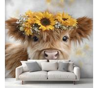 Cute Highland Cow Wallpaper - Rustic Sunflower Highland Cattle Wall Mural 300x210 cm (W x H), Non-Woven Photo Wallpaper Mural for Bedroom, Living Room, Hallway, Home Decor Y&W24