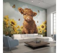Cute Highland Cow Wallpaper - Rustic Sunflower Wall Mural 250x175 cm (W x H), Non-Woven Photo Wallpaper Mural for Bedroom, Living Room, Hallway, Home Decor Y&W13