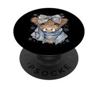Cute Highland Cow With Blue Bow Winter Snowflake Design PopSockets Adhesive PopGrip