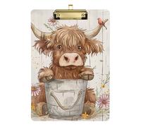 Cute Highland Cow with Bucket Flowers Wooden Doctors Clipboard A4 Size 12.5" x 9" Clip Board Folder Clipboard Paper Pad with Low Profile Clip for Football Trade Quest
