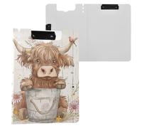 Cute Highland Cow with Bucket Flowers Wooden Foldable Clipboard Two Metal Clips Pen Holder Clip Board with Cover Clipboard Folio Binder Stationery Organizer Supplies