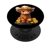 Cute Highland Cow with Floral Cowboy Hat PopSockets Adhesive PopGrip