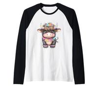 Cute Highland Cow with Rainbow Horns Kawaii Baby Cow Flower Raglan Baseball Tee