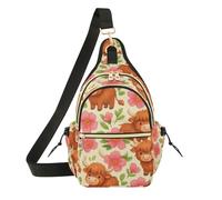 Cute Highland Cows Pink Flowers Adjustable Strap Crossbody Bag Mesh Back Panel Hiking for Women
