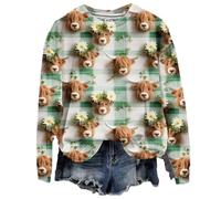 Cute Highland Western Print Shirt Cow Sweatshirt 3D Sweatshirts for Women (UK, Alpha, M, Regular, Regular, Green Plaid)