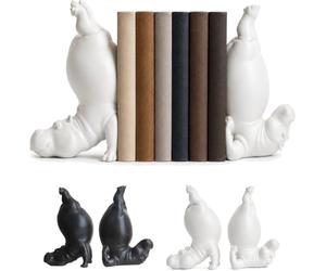 Cute Hippo Bookends, Heavy Resin Acrobatic Hippo Bookends Ends Book Ornament Creative Hippo Notebook Holder Farmhouse Cool Modern Small for Various Types of Books (White-1 pair)