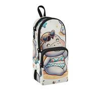 Cute Hippo Girl Pattern Illustration on The Beach Pencil Case, Big Capacity Pen Bag with Compartment Students Schoolbag Shape Stationery Organizer Pencil Pouch Marker Case for School Office Work