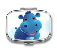Cute Hippo Pill Box 2 Compartment, Portable Pill Case with Mirror for Pocket Purse Travel, Mini Metal Medicine Organizer for Vitamins Fish Oil