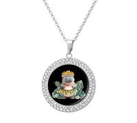 Cute Hippo Round Pendant Necklaces for Women Alloy Rhinestone Jewelry Custom Picture Necklace
