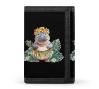 Cute Hippo Slim Trifold Wallet with Key Ring | Polyester Wallet Coin Pocket Storage Card Holder for Travel Work Men Women